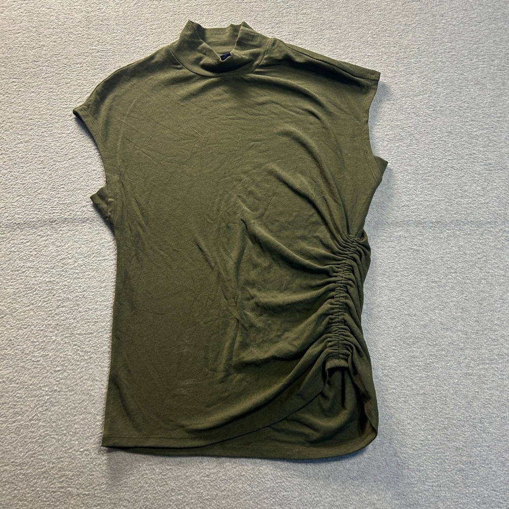 Scoop  Mock Neck Ruched Side Knit Top‎ Womens Medium Olive Green Cap Sleeve